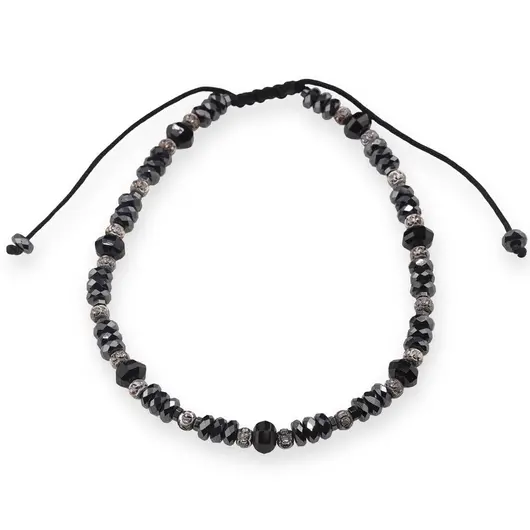 Bratara cu nod reglabil Hematit discuri fatetate 4mm, Turmalina discuri fatetate 5mm si bumbi de Argint 925