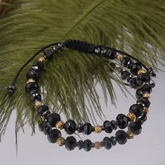 Bratara cu nod reglabil Turmalina si Hematit discuri fatetate 4-6mm, bumbi gravati cu rodiu, imagine 2