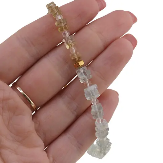 Bratara Cuart lemon si Acvamarin patratele 4-6mm, Cuart transparent sfere 3mm si element din Hematit auriu 5mm, imagine 3