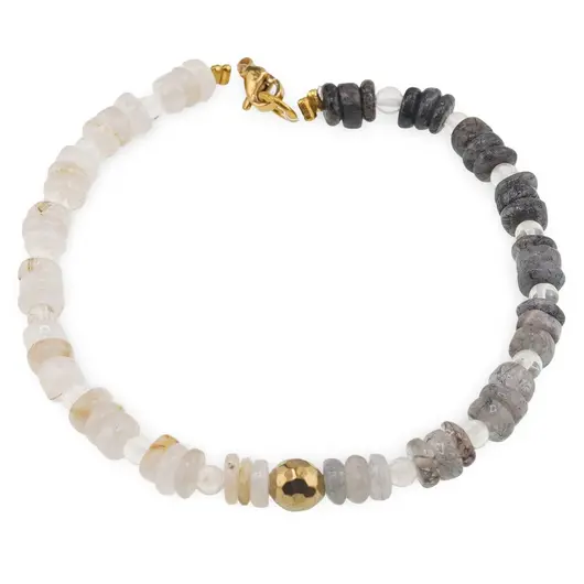 Bratara Cuart turmalinat si Cuart rutilat discuri 5-6mm, Cuart transparent sfere 3mm si Hematit auriu 6mm
