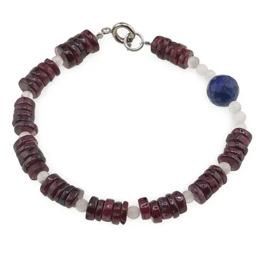 Bratara Granat discuri 7-8mm, Piatra Lunii sfere 4mm si Lapis lazuli sfera fatetata 8mm