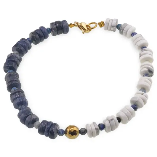 Bratara Howlit si Iolithi discuri 6-7mm, Lapis Lazuli sfere fatetate 3mm si Hematit sfera fatetata 6mm