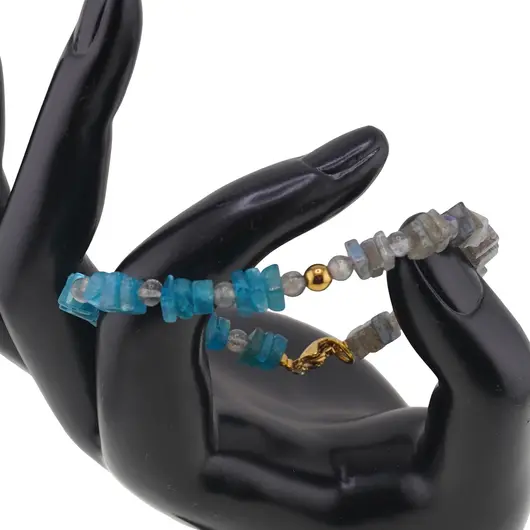 Bratara Labradorit si Apatit patratele 4-6mm, Labradorit sfere 4mm si bumb auriu, imagine 2