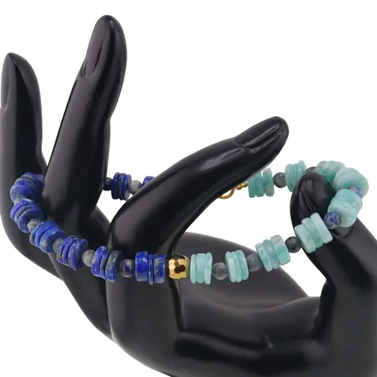 Bratara Lapis Lazuli si Amazonit discuri 7-8mm, Lapis Lazuli sfere 4mm si Hematit fatetat auriu 6mm, imagine 2