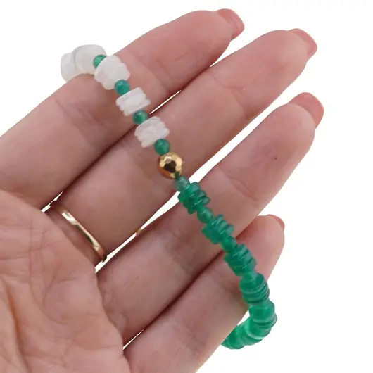 Bratara Onix verde sfere si discuri 3-6mm si Piatra Lunii discuri 6-7mm cu Hematit auriu sfera 6mm, imagine 3