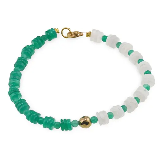 Bratara Onix verde sfere si discuri 3-6mm si Piatra Lunii discuri 6-7mm cu Hematit auriu sfera 6mm