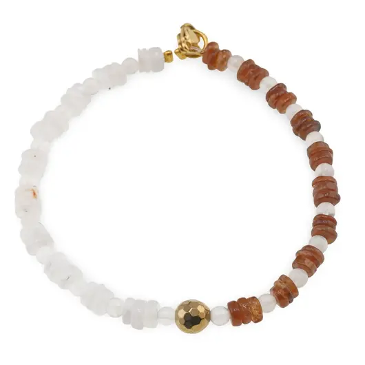 Bratara Piatra Lunii rainbow si Granat Hessonit discuri 4-5mm, Piatra Lunii sfere 4mm si Hematit fatetat 6mm