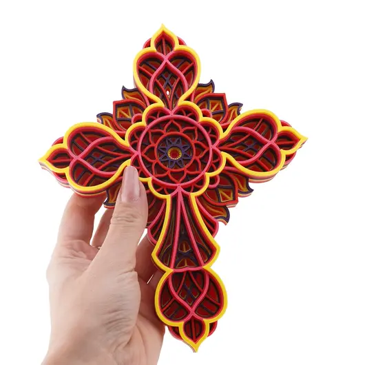 Cruce decorativa layered pentru perete, rosu - galben, 20cm, imagine 3