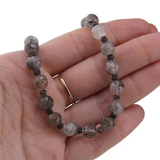 Set bratara si colier Cuart turmalinat sfere fatetate 8mm si discuri fatetate 4mm, imagine 5