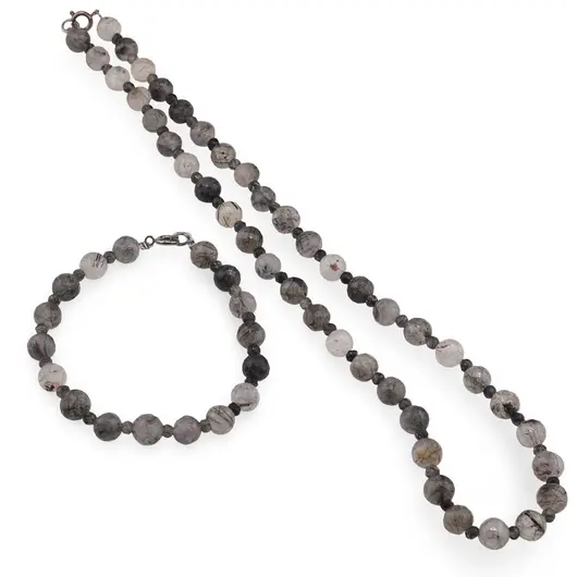 Set bratara si colier Cuart turmalinat sfere fatetate 8mm si discuri fatetate 4mm