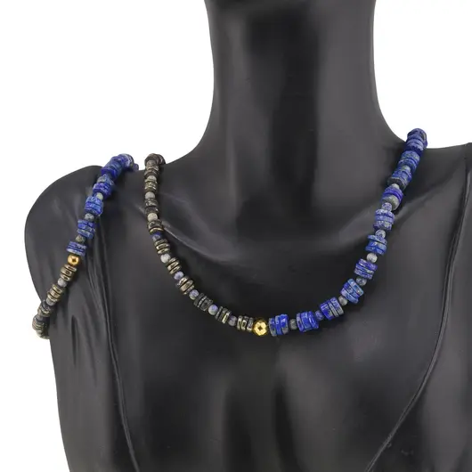 Set colier si bratara Lapis lazuli si Pirita rondele 6-7mm, Lapis lazuli sfere 3mm si Hematit auriu, imagine 3