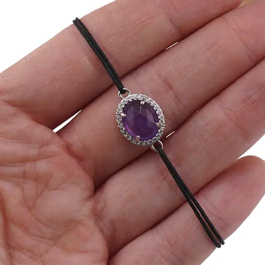 Bratara Ametist cu montura argintie si zirconii pe snur reglabil, imagine 3