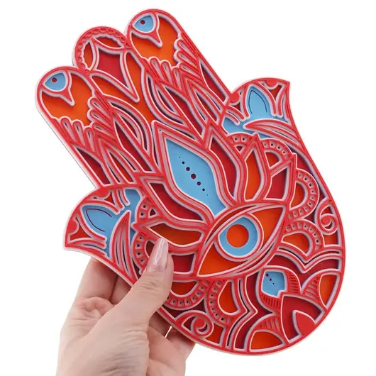 Decoratiune layered palma Hamsa, rosu cu albastru - 22cm, imagine 3