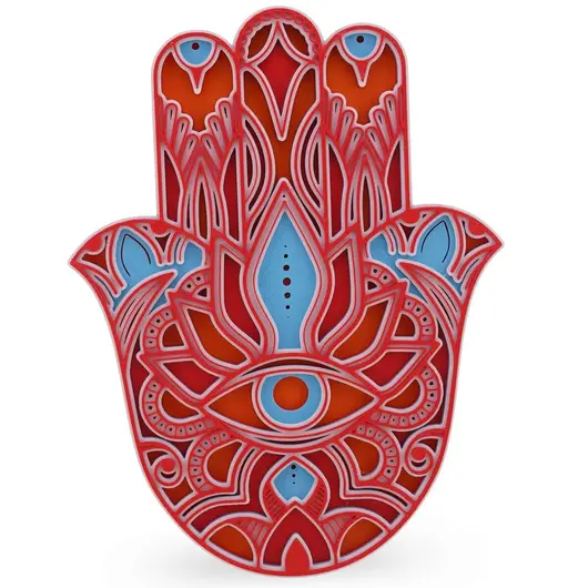 Decoratiune layered palma Hamsa, rosu cu albastru - 22cm