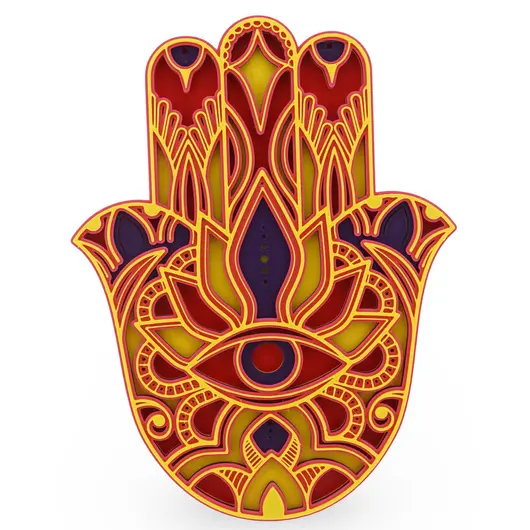 Decoratiune layered palma Hamsa, rosu cu galben - 22cm