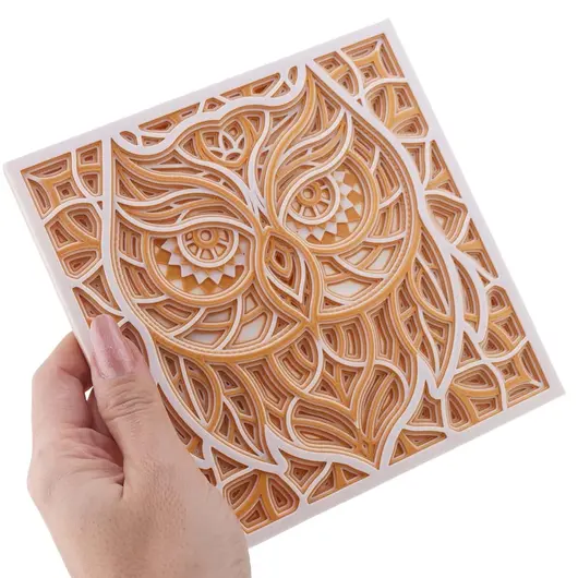 Decoratiune patrata layered cu bufnita, alb cu galben - 15cm, imagine 3