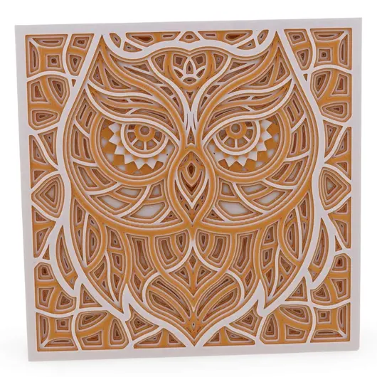 Decoratiune patrata layered cu bufnita, alb cu galben - 15cm