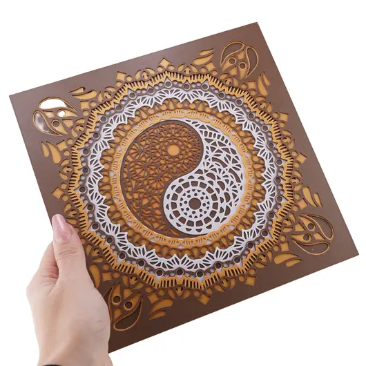 Decoratiune patrata layered cu simbolul Yin Yang, maro cu portocaliu - 21cm, imagine 3