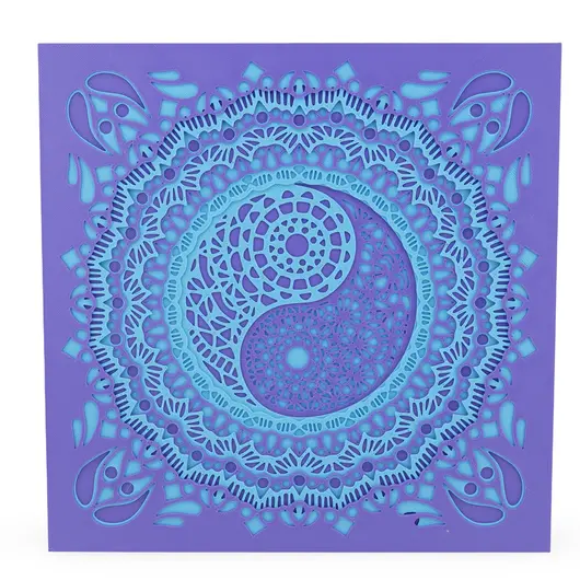 Decoratiune patrata layered cu simbolul Yin Yang, mov cu albastru - 21cm