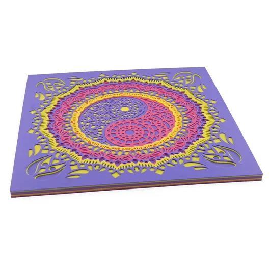 Decoratiune patrata layered cu simbolul Yin Yang, mov cu galben - 21cm, imagine 2