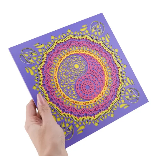 Decoratiune patrata layered cu simbolul Yin Yang, mov cu galben - 21cm, imagine 3