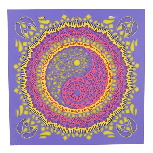 Decoratiune patrata layered cu simbolul Yin Yang, mov cu galben - 21cm