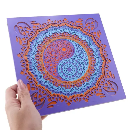 Decoratiune patrata layered cu simbolul Yin Yang, mov cu portocaliu - 21cm, imagine 3