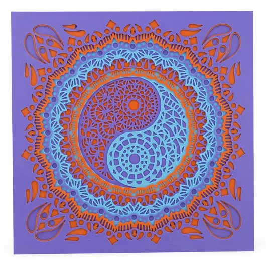 Decoratiune patrata layered cu simbolul Yin Yang, mov cu portocaliu - 21cm