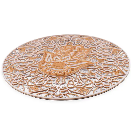 Decoratiune rotunda layered mandala cu palma Hamsa , alb cu galben - 24cm, imagine 2