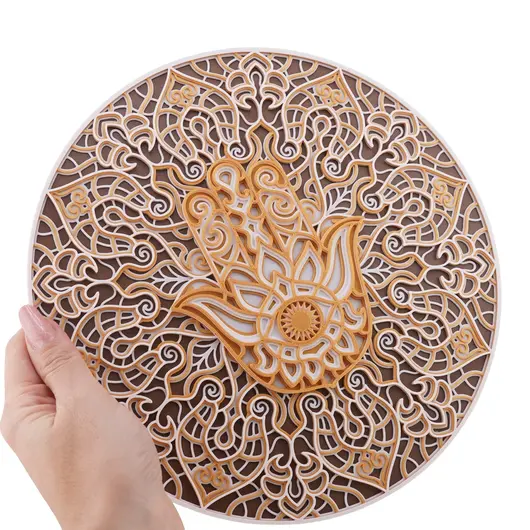 Decoratiune rotunda layered mandala cu palma Hamsa , alb cu galben - 24cm, imagine 3