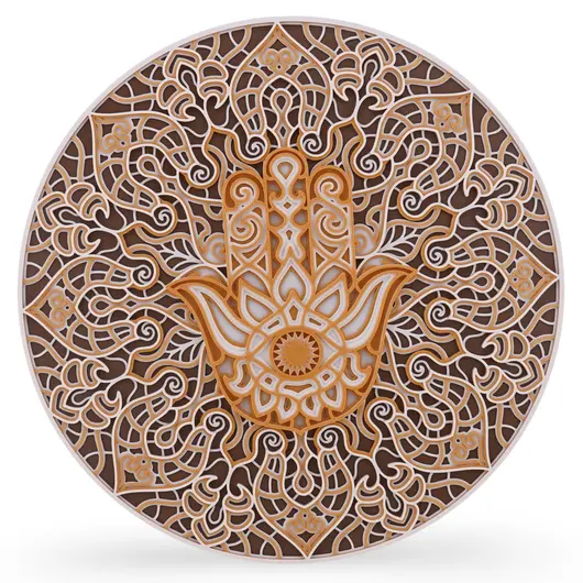Decoratiune rotunda layered mandala cu palma Hamsa , alb cu galben - 24cm