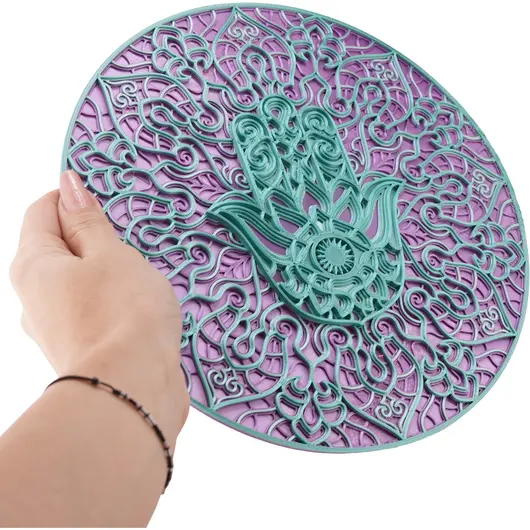 Decoratiune rotunda layered mandala cu palma Hamsa, multicolor - 24cm, imagine 3