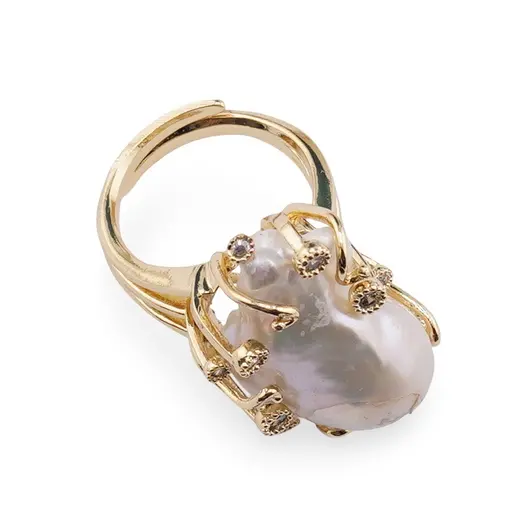 Inel reglabil auriu cu Perla de cultura si Zirconiu, imagine 2