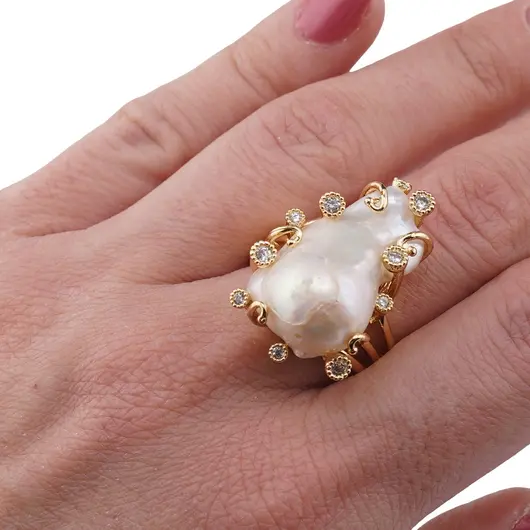 Inel reglabil auriu cu Perla de cultura si Zirconiu, imagine 3