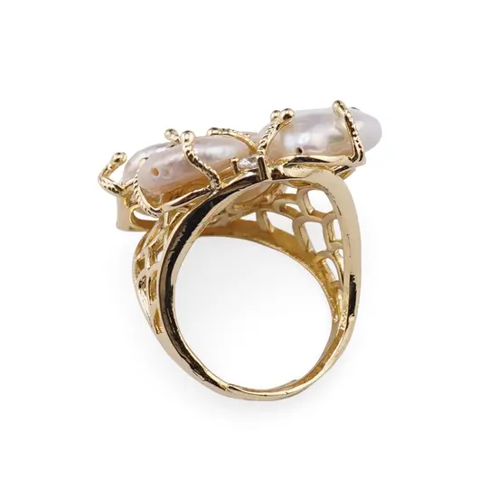 Inel reglabil auriu cu trei Perle de cultura si Zirconiu, imagine 2