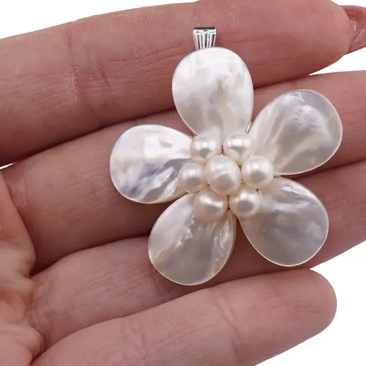 Pandantiv floare Sidef alb si Perle de cultura - 35mm, imagine 3