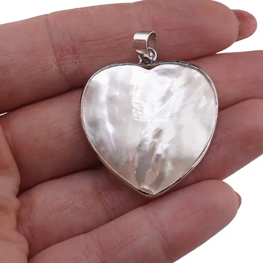 Pandantiv inima din Sidef alb cu montura argintie - 31,5mm, imagine 3