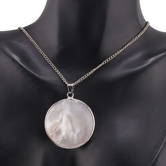 Pandantiv rotund din Sidef alb cu montura argintie - 31,5mm, imagine 2