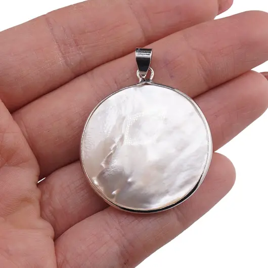 Pandantiv rotund din Sidef alb cu montura argintie - 31,5mm, imagine 3