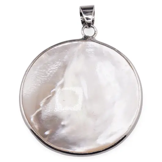 Pandantiv rotund din Sidef alb cu montura argintie - 31,5mm