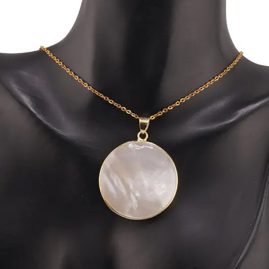 Pandantiv rotund din Sidef alb cu montura aurie - 31,5mm, imagine 2