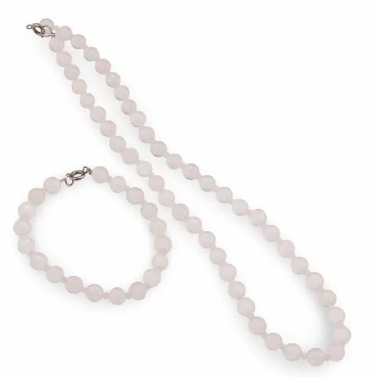 Set bratara si colier Cuart roz sfere fatetate 8mm si discuri fatetate 3mm