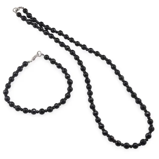 Set bratara si colier Turmalina neagra sfere fatetate 5-6mm si discuri fatetate 3mm