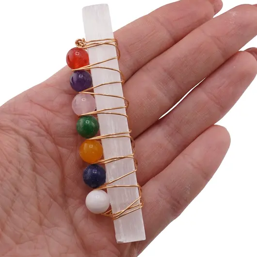 Bagheta selenit brut cu cristale sfere 7 chakre, imagine 3