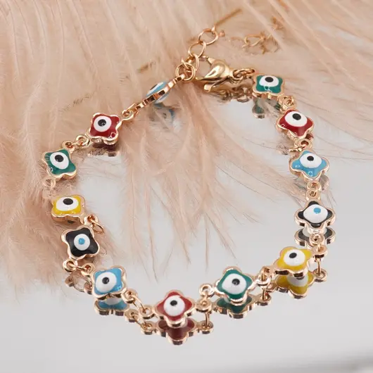 Bratara din cupru placat cu aur 18k model ochiul protector multicolor trifoi, imagine 2