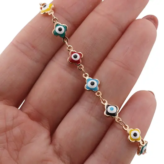 Bratara din cupru placat cu aur 18k model ochiul protector multicolor trifoi, imagine 3