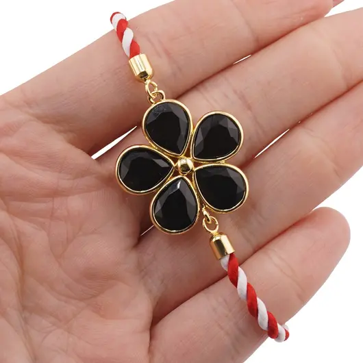 Bratara Martisor cu Obsidian si montura aurie floare, imagine 3