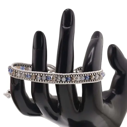 Bratara snur alb cu nod culisant si sticla gri, albastru, galben, imagine 2