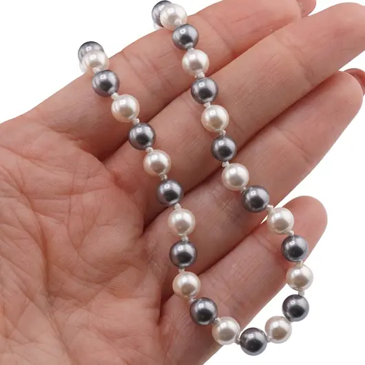 Colier Perle de Mallorca gri si albe cu noduri, sfere 6mm, imagine 3