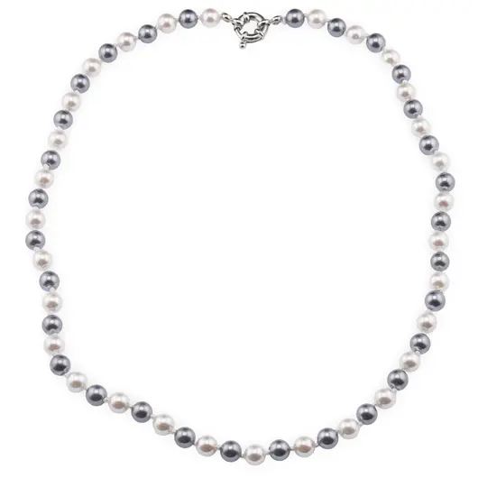 Colier Perle de Mallorca gri si albe cu noduri, sfere 6mm